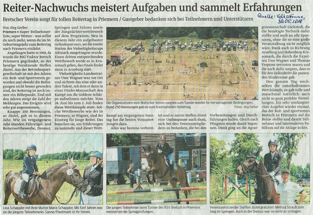 Artikel Volksstimme zum Reitertag Priemern 2018